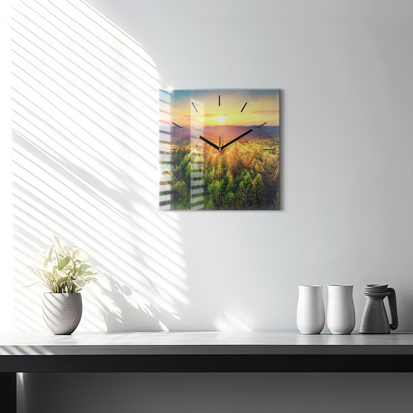 Square glass wall clock Sunset over the hills