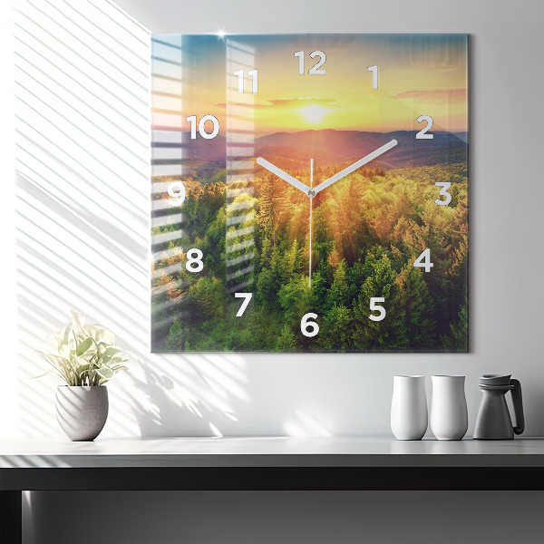 Square glass wall clock Sunset over the hills