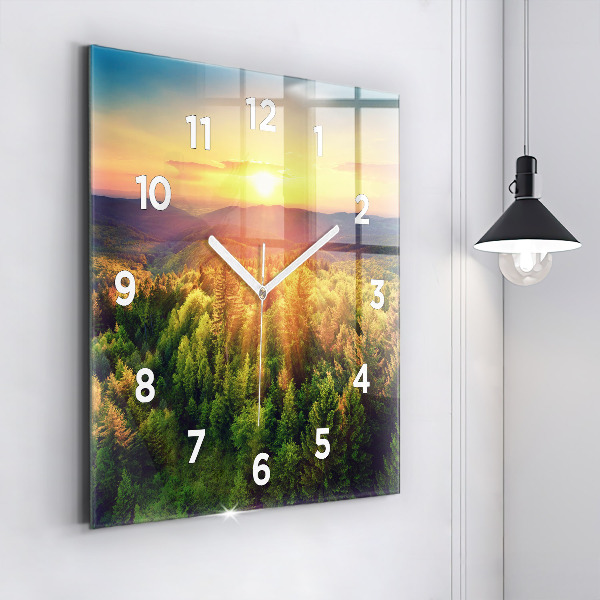 Square glass wall clock Sunset over the hills