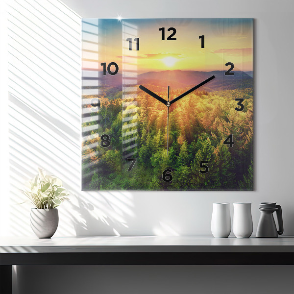 Square glass wall clock Sunset over the hills