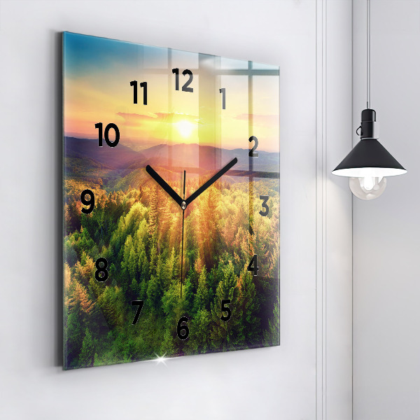 Square glass wall clock Sunset over the hills