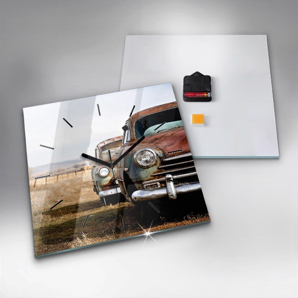 Square glass wall clock Old cars