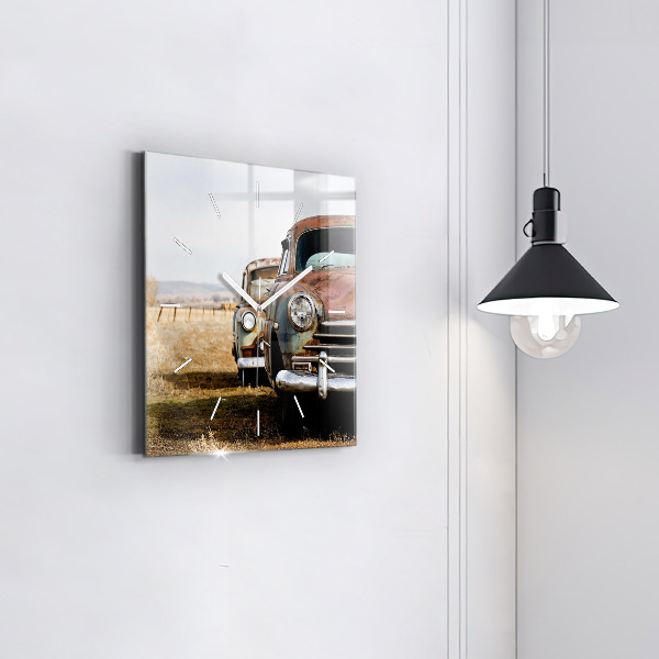 Square glass wall clock Old cars