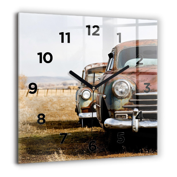 Square glass wall clock Old cars