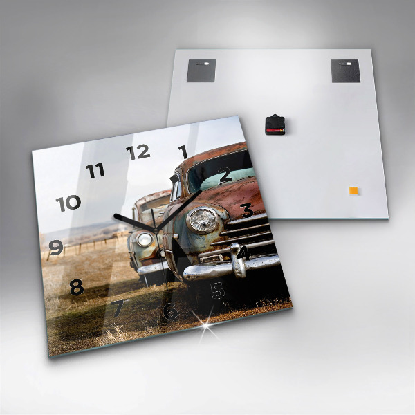Square glass wall clock Old cars