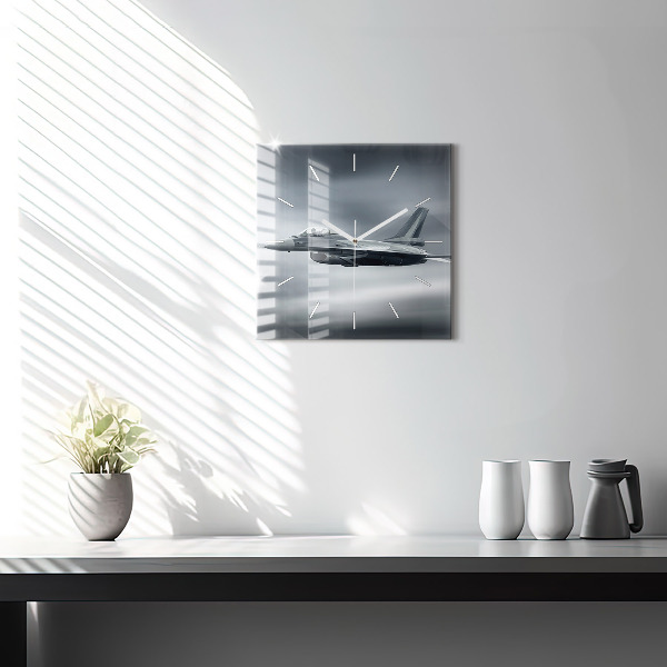 Square glass wall clock Military aircraft in flight