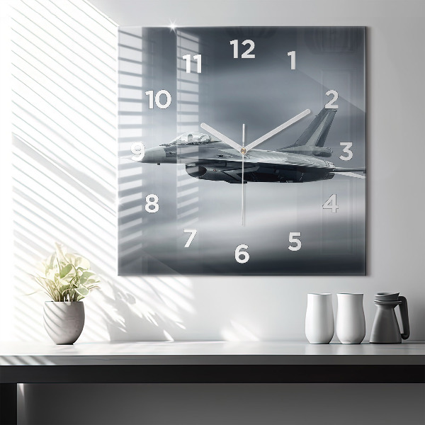 Square glass wall clock Military aircraft in flight