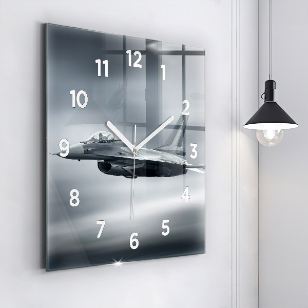 Square glass wall clock Military aircraft in flight