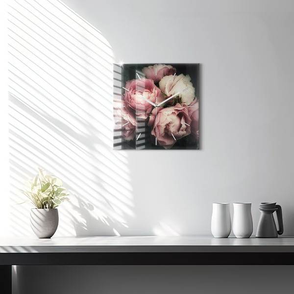 Square glass wall clock Bouquet of pink roses
