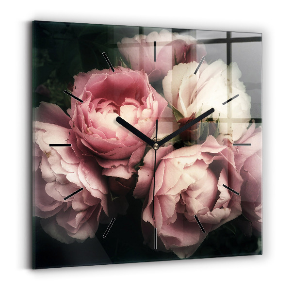 Square glass wall clock Bouquet of pink roses