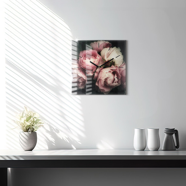 Square glass wall clock Bouquet of pink roses