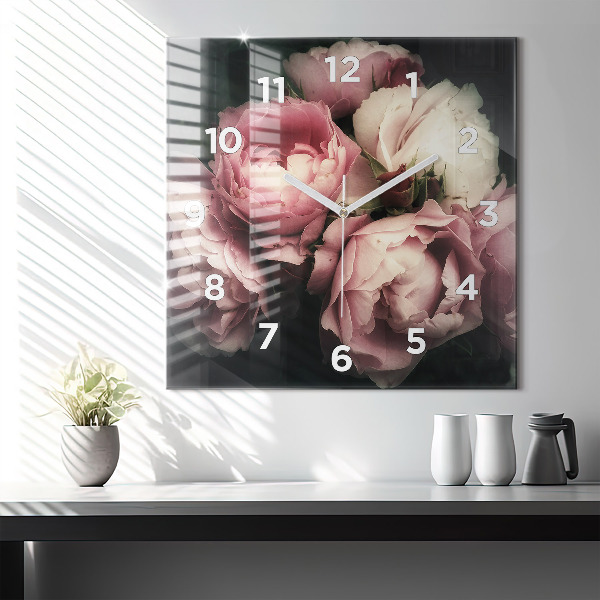 Square glass wall clock Bouquet of pink roses