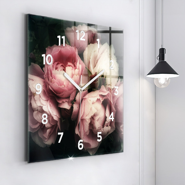 Square glass wall clock Bouquet of pink roses