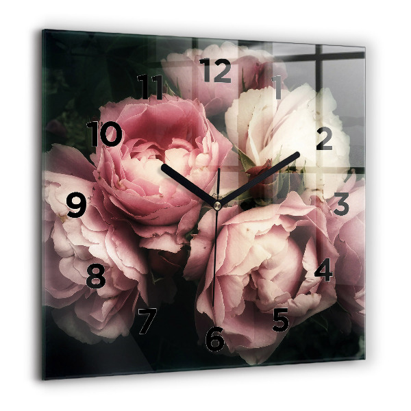 Square glass wall clock Bouquet of pink roses