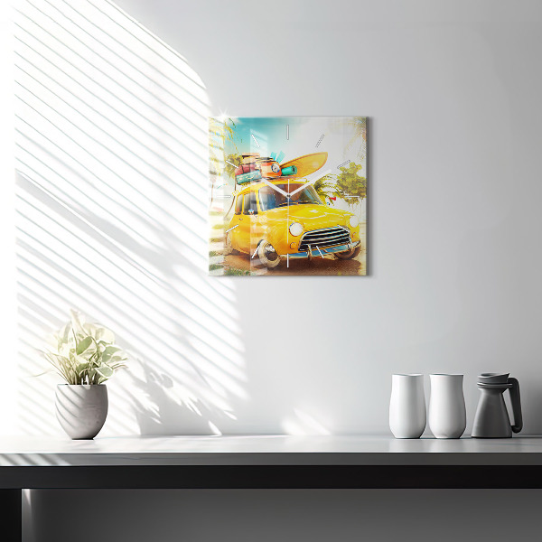 Square glass wall clock Car with surfboard