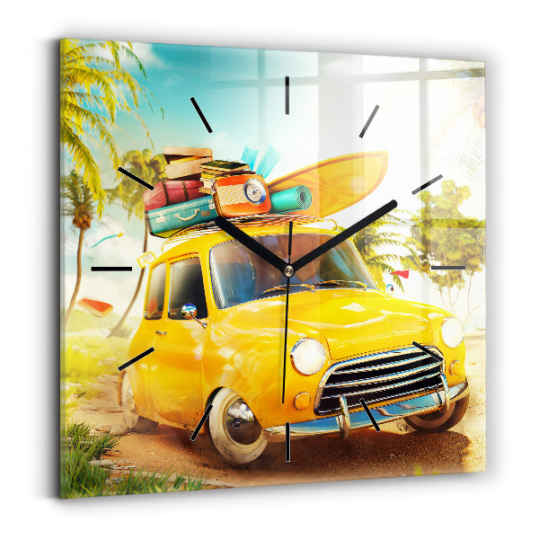 Square glass wall clock Car with surfboard