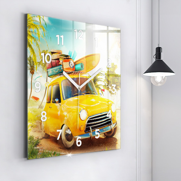 Square glass wall clock Car with surfboard