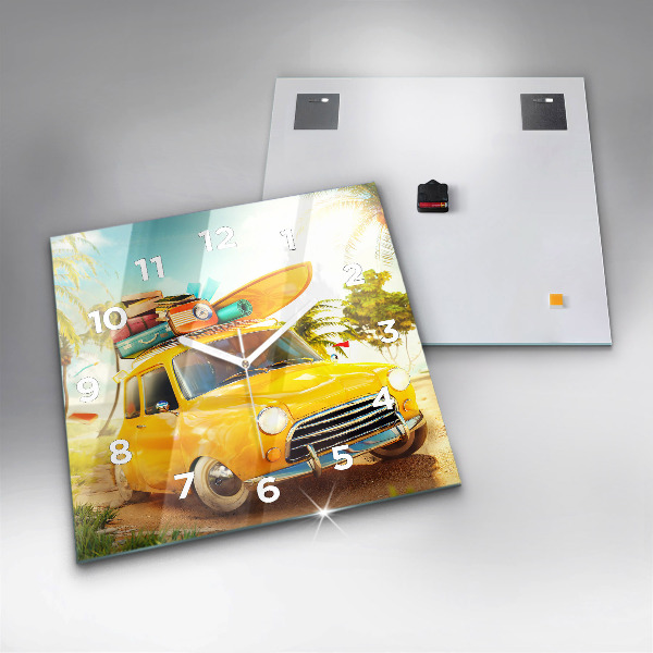 Square glass wall clock Car with surfboard