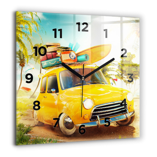 Square glass wall clock Car with surfboard