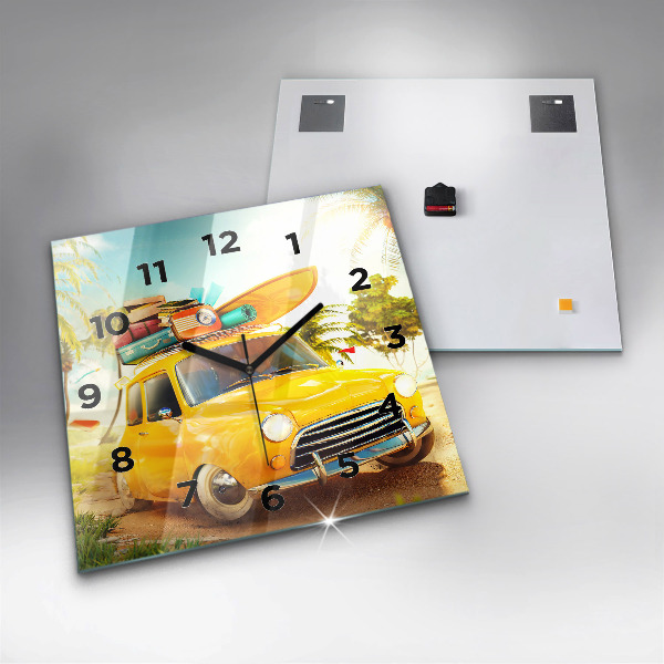 Square glass wall clock Car with surfboard