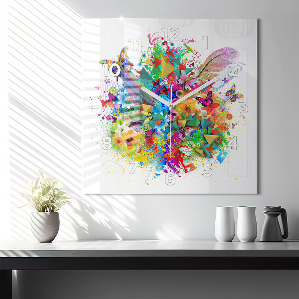 Square glass wall clock Floral harmony with butterflies