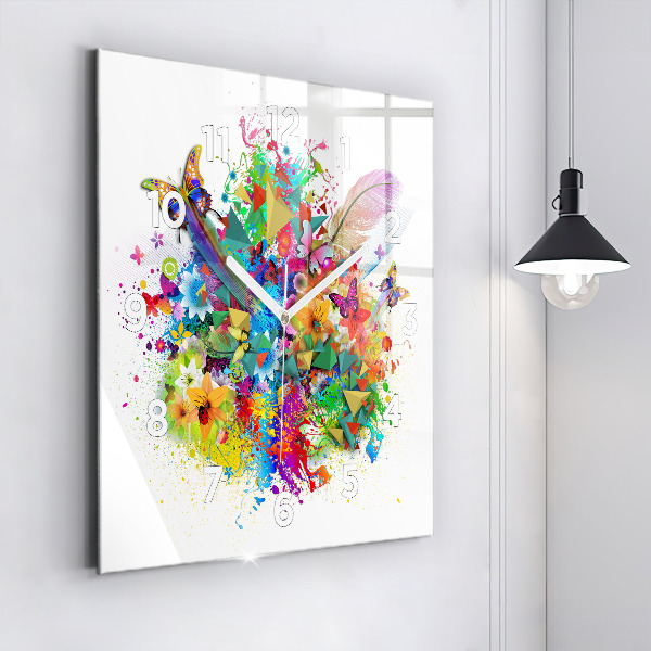 Square glass wall clock Floral harmony with butterflies