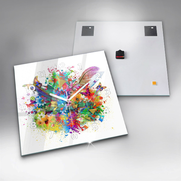 Square glass wall clock Floral harmony with butterflies