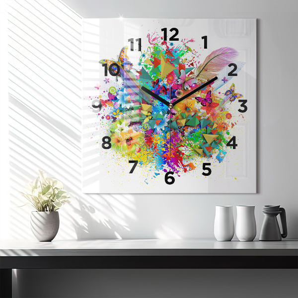 Square glass wall clock Floral harmony with butterflies