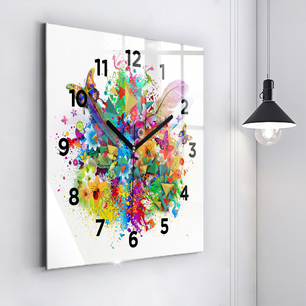 Square glass wall clock Floral harmony with butterflies