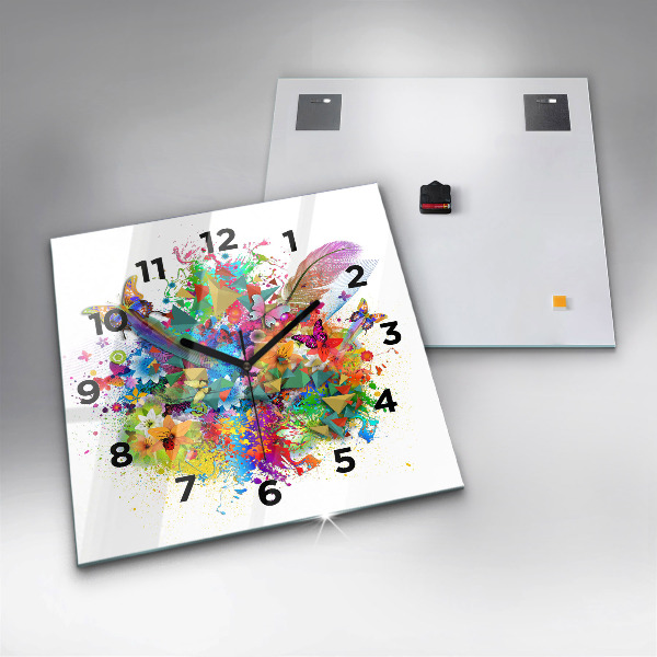 Square glass wall clock Floral harmony with butterflies