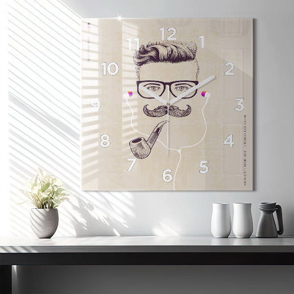 Square glass wall clock Man with a pipe