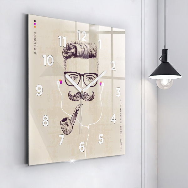 Square glass wall clock Man with a pipe