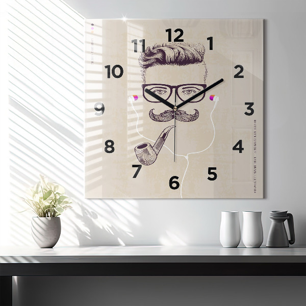 Square glass wall clock Man with a pipe