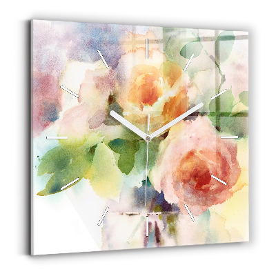 Square glass wall clock Roses in a Vase Watercolor