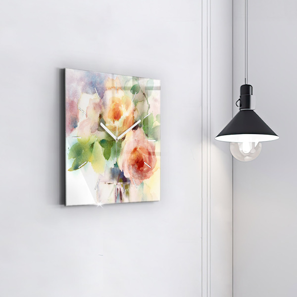 Square glass wall clock Roses in a Vase Watercolor