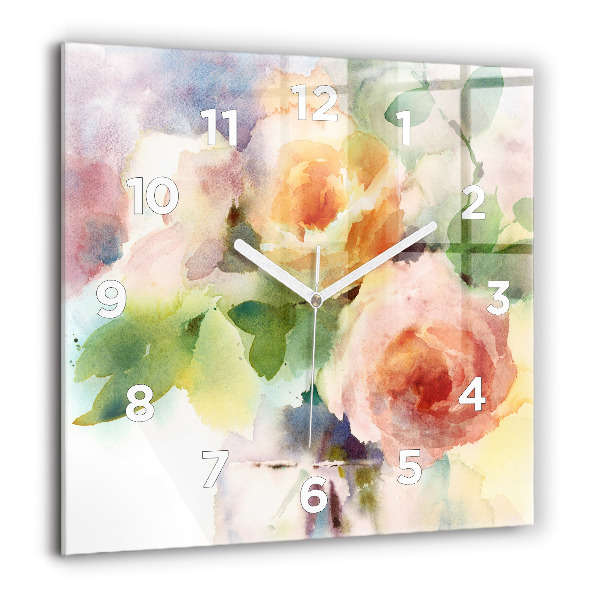 Square glass wall clock Roses in a Vase Watercolor
