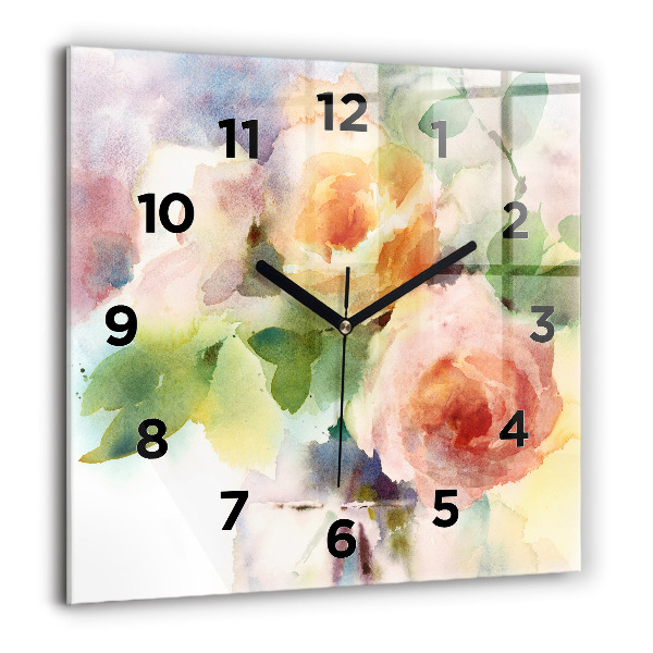 Square glass wall clock Roses in a Vase Watercolor