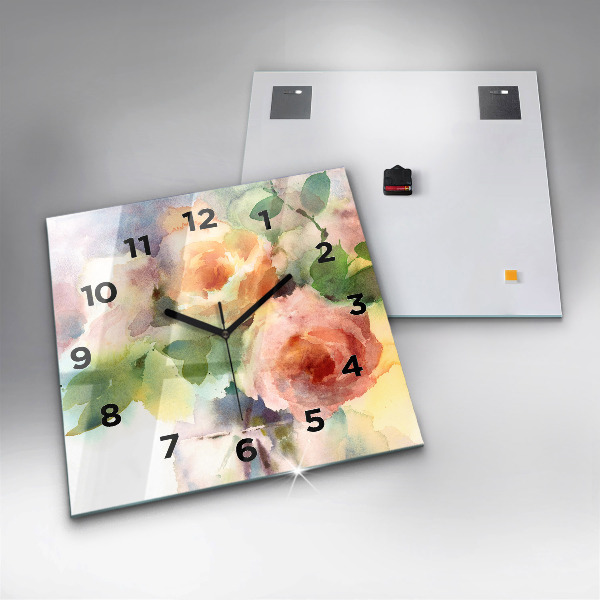 Square glass wall clock Roses in a Vase Watercolor
