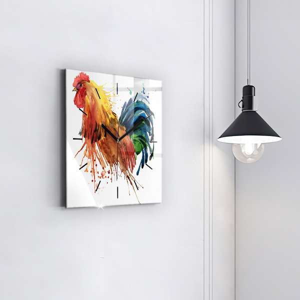 Square glass wall clock Colorful rooster