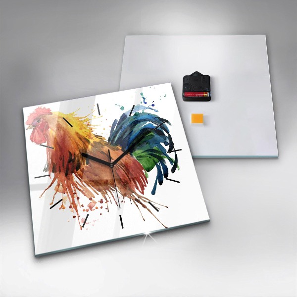 Square glass wall clock Colorful rooster