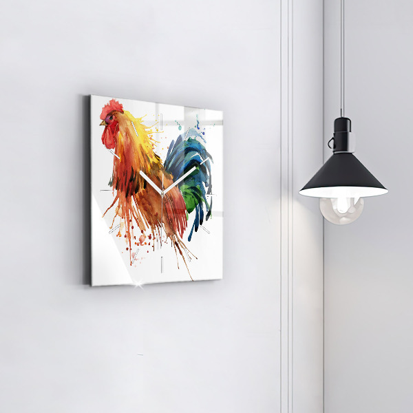 Square glass wall clock Colorful rooster