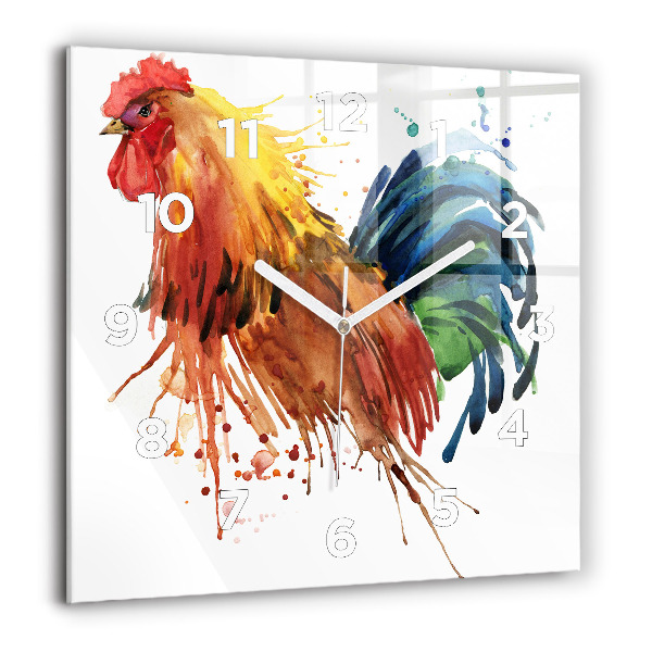 Square glass wall clock Colorful rooster