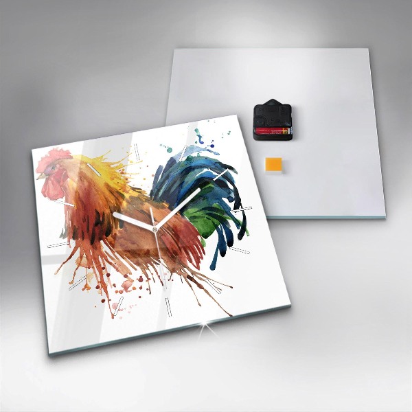 Square glass wall clock Colorful rooster