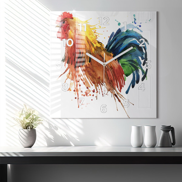 Square glass wall clock Colorful rooster