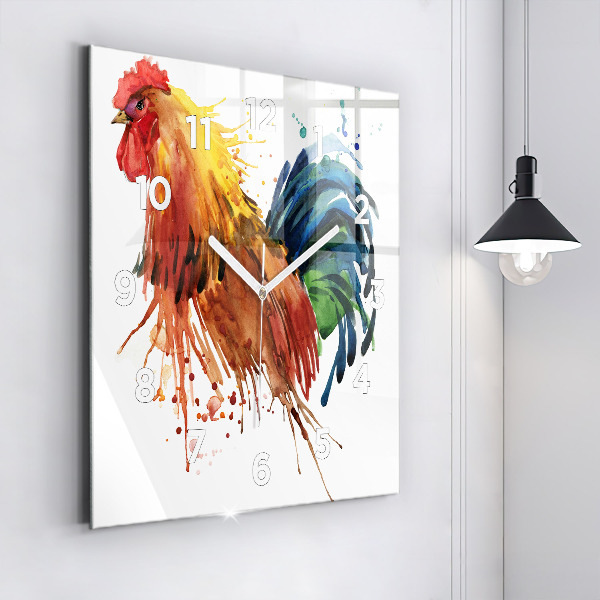 Square glass wall clock Colorful rooster