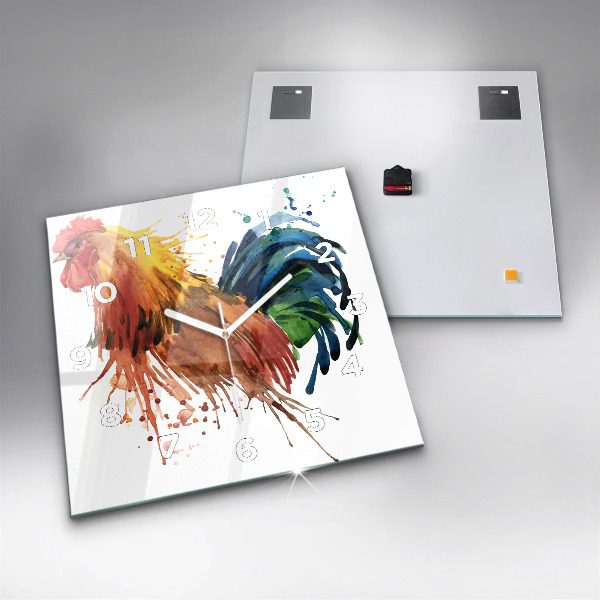 Square glass wall clock Colorful rooster
