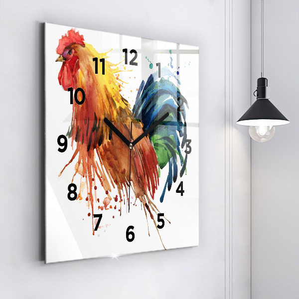 Square glass wall clock Colorful rooster