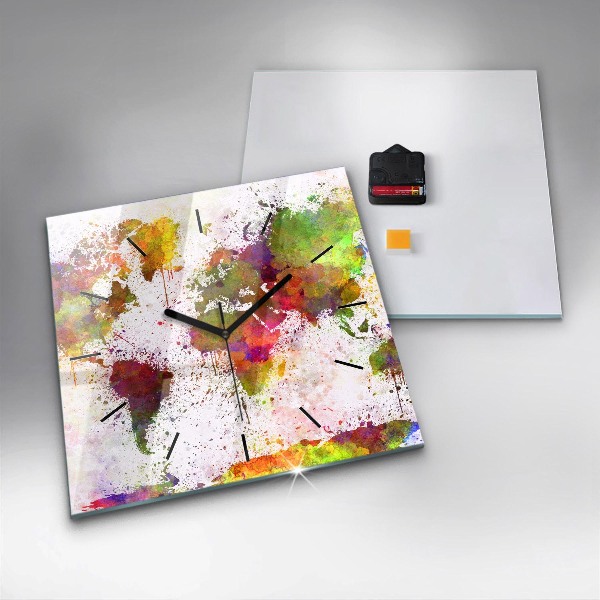 Square glass wall clock Watercolor map of the world