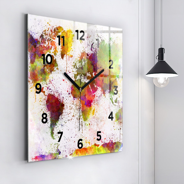 Square glass wall clock Watercolor map of the world