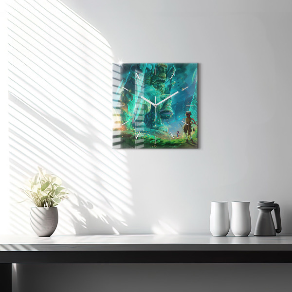 Square glass wall clock Children in the forest